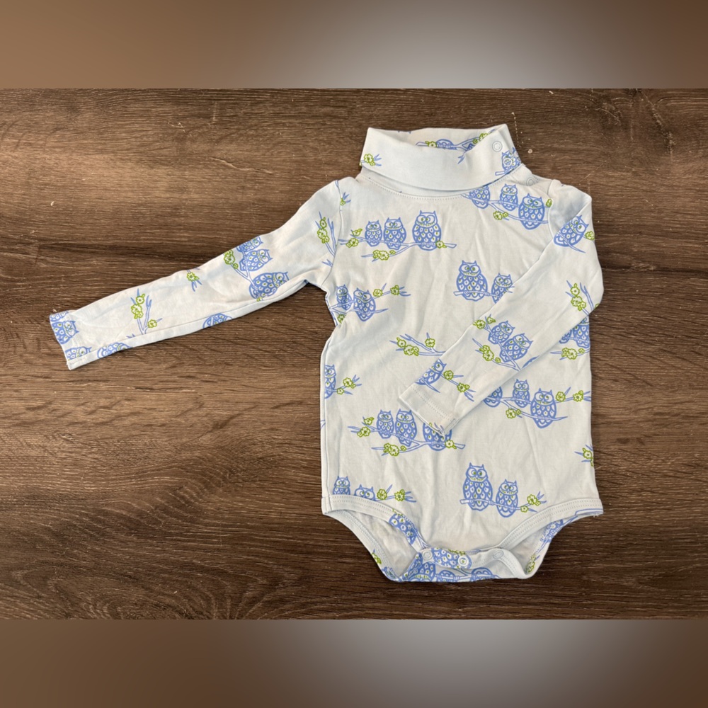 TBBC EUC Blue Owls Tatum’s Turtleneck onesie 18-24M